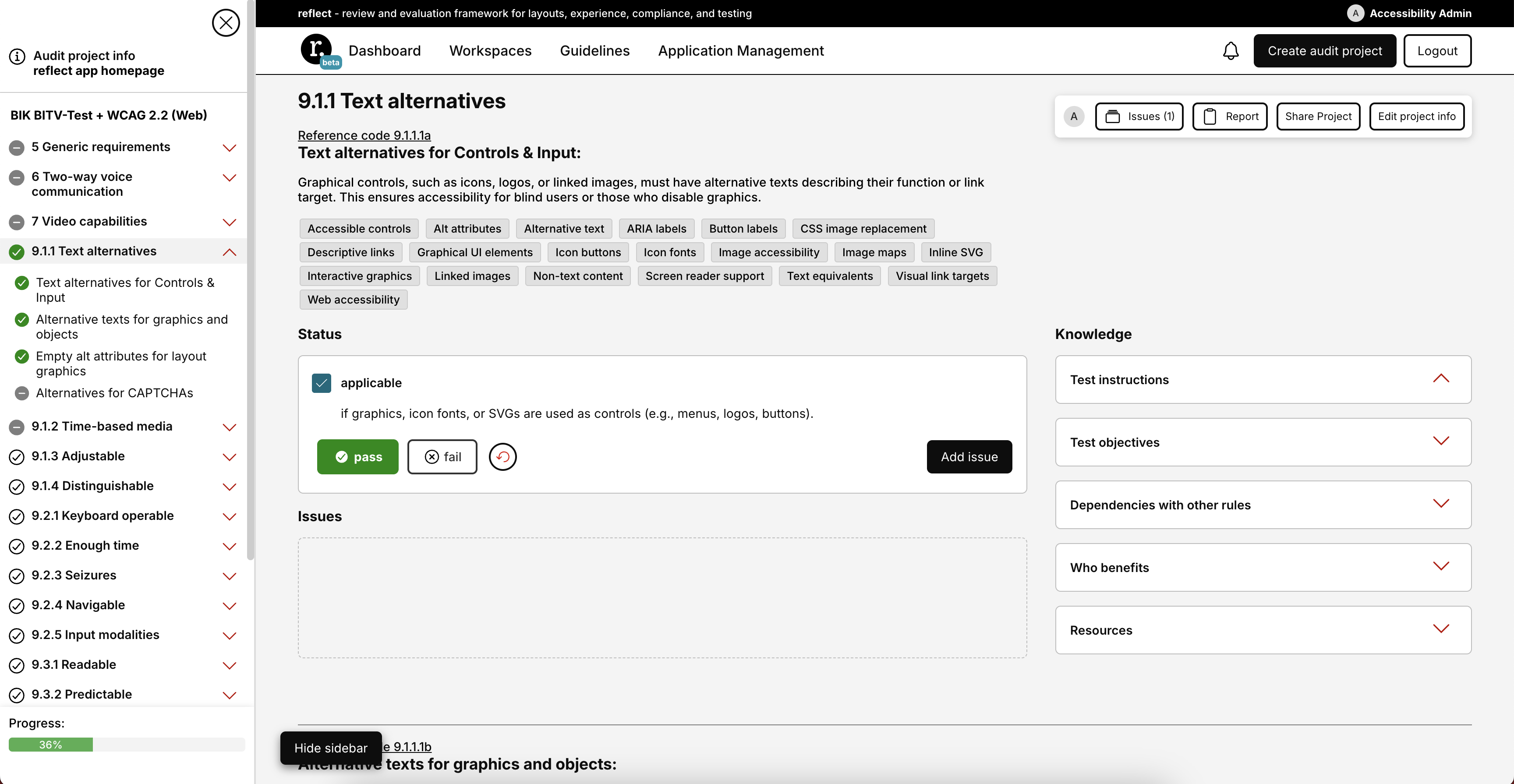 Preview of reflect app screen checking for text alternatives